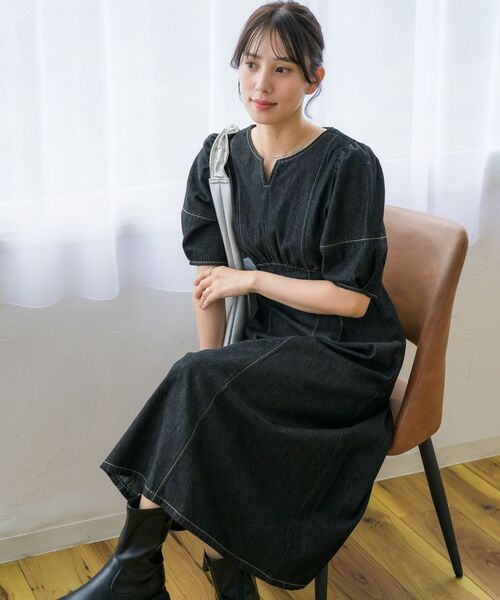 RETRO GIRL（レトロガール）の「パフ袖デニムOP（ワンピース・レディース・ブルー/ブラック・FREE）」の3枚目の写真