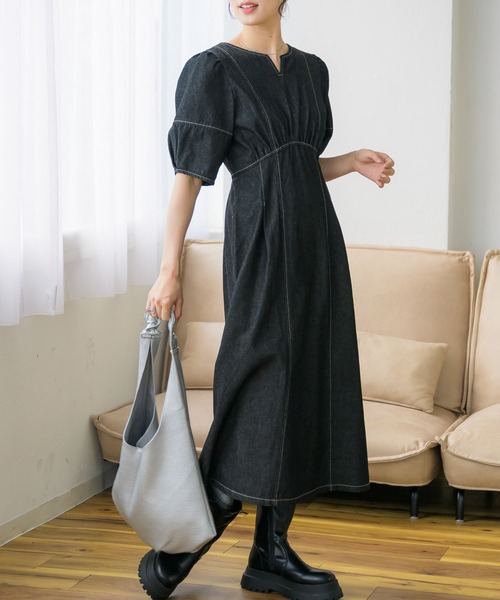 RETRO GIRL（レトロガール）の「パフ袖デニムOP（ワンピース・レディース・ブルー/ブラック・FREE）」の2枚目の写真