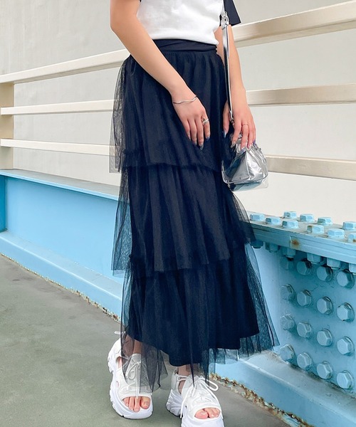 GORGE(ゴージ)の「《ティアード×ボリュームチュール》レディース ロングスカート ウエストゴム 体型カバー 春夏秋冬(スカート・レディース・グレー/ブラック・F)」の3枚目の写真