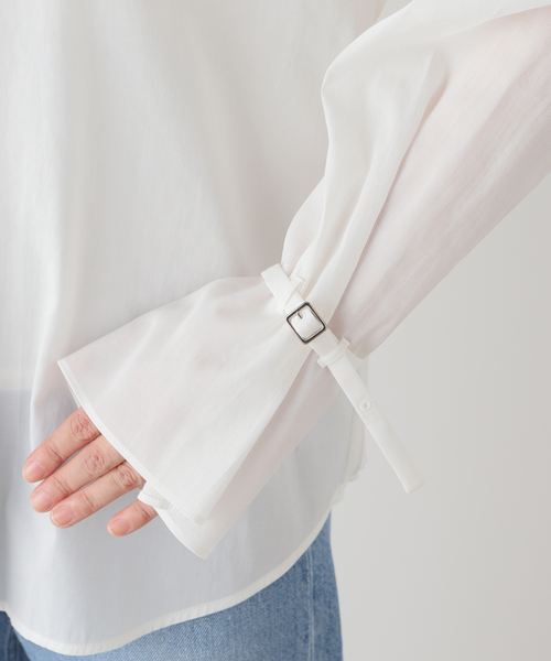 NOBLE◆ベルテッドスリーブバンドカラーシャツ/ポリエステル/BRW/無地/14-051-240-5080-2-0 セール】【My Policy Shirt】ベルテッドスリーブバンドカラー