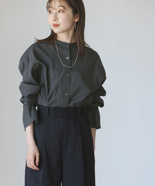NOBLE◆ベルテッドスリーブバンドカラーシャツ/ポリエステル/BRW/無地/14-051-240-5080-2-0 セール】【My Policy Shirt】ベルテッドスリーブバンドカラー