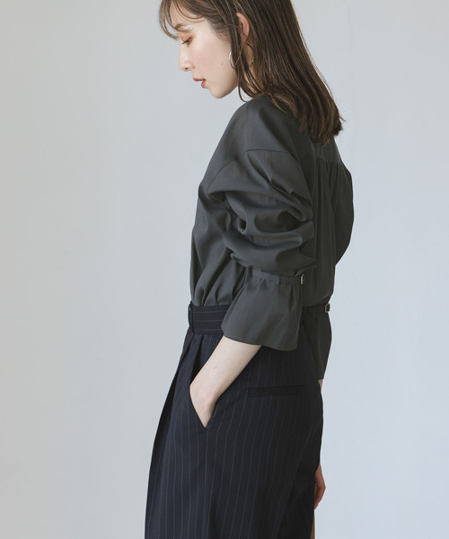 NOBLE◆ベルテッドスリーブバンドカラーシャツ/ポリエステル/BRW/無地/14-051-240-5080-2-0 セール】【My Policy Shirt】ベルテッドスリーブバンドカラー