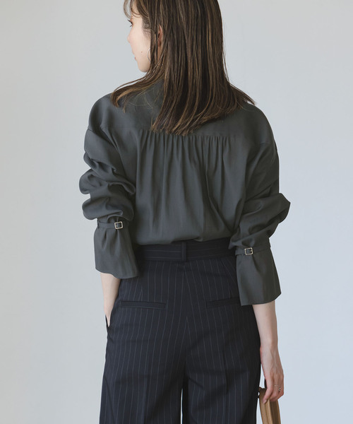 NOBLE◆ベルテッドスリーブバンドカラーシャツ/ポリエステル/BRW/無地/14-051-240-5080-2-0 セール】【My Policy Shirt】ベルテッドスリーブバンドカラー