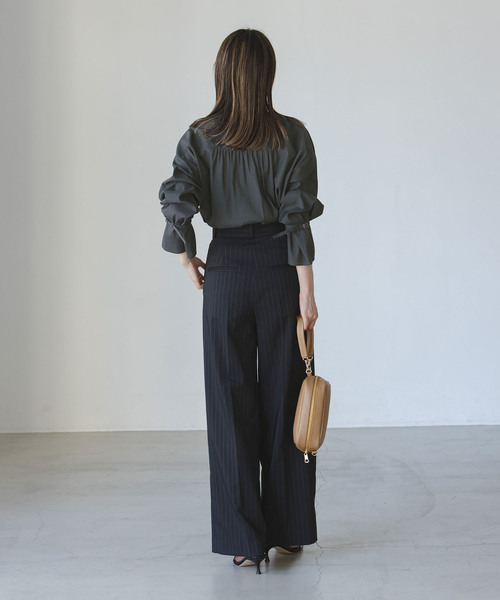 NOBLE◆ベルテッドスリーブバンドカラーシャツ/ポリエステル/BRW/無地/14-051-240-5080-2-0 セール】【My Policy Shirt】ベルテッドスリーブバンドカラー