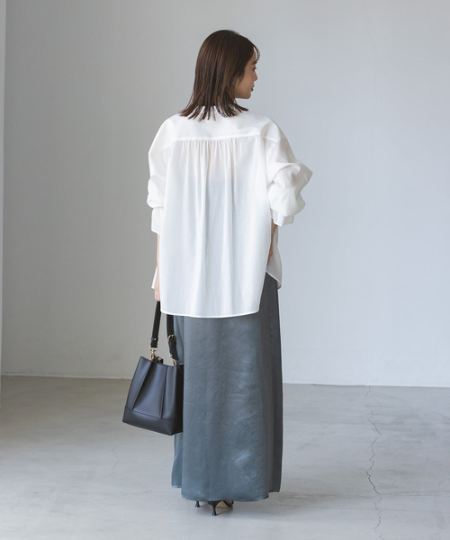 NOBLE◆ベルテッドスリーブバンドカラーシャツ/ポリエステル/BRW/無地/14-051-240-5080-2-0 セール】【My Policy Shirt】ベルテッドスリーブバンドカラー