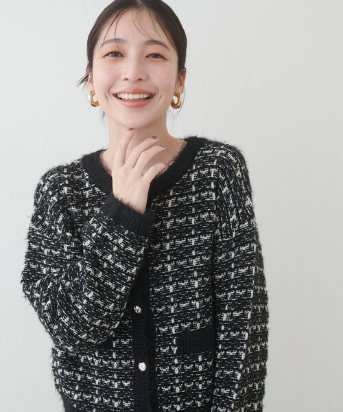 natural couture(ナチュラルクチュール)の「フェザー使いニットツイードカーデ(カーディガン/ボレロ・レディース・ブラウン/ブラック/オフホワイト・FREE)」の8枚目の写真