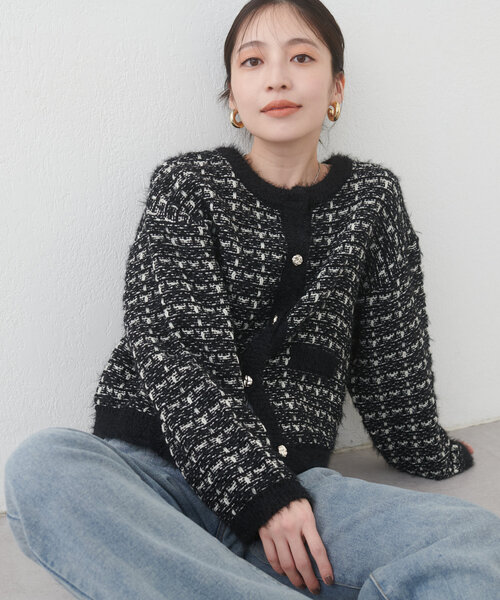 natural couture(ナチュラルクチュール)の「フェザー使いニットツイードカーデ(カーディガン/ボレロ・レディース・ブラウン/ブラック/オフホワイト・FREE)」の6枚目の写真