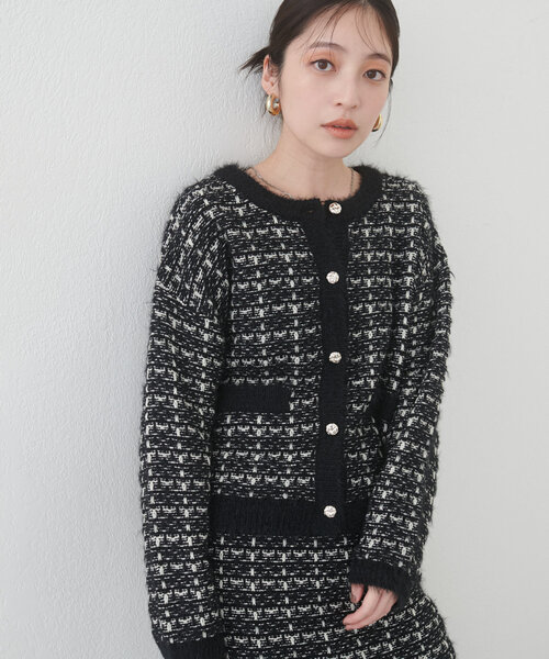 natural couture(ナチュラルクチュール)の「フェザー使いニットツイードカーデ(カーディガン/ボレロ・レディース・ブラウン/ブラック/オフホワイト・FREE)」の9枚目の写真