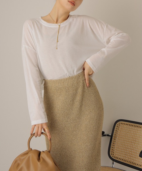 LAULEN(ローレン)の「drop shoulder sheer long Tee /ドロップショルダー ロング Tシャツ(Tシャツ/カットソー・レディース・ホワイト/ブラック・FREE)」の3枚目の写真