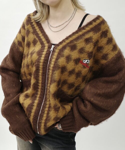 WHO'S WHO gallery（フーズフーギャラリー）の「【UNISEX】BLESSYOUダイヤ柄モヘアジップカーディガン（カーディガン/ボレロ・レディース・ブラウン/ブラック・MEDIUM）」の2枚目の写真