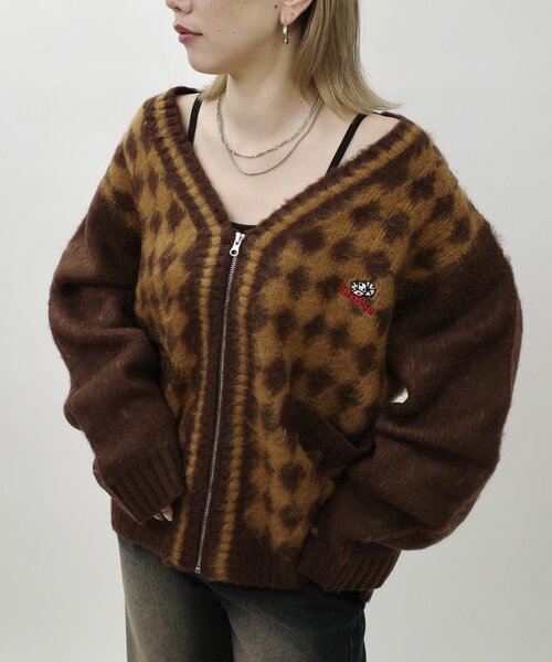 WHO'S WHO gallery（フーズフーギャラリー）の「【UNISEX】BLESSYOUダイヤ柄モヘアジップカーディガン（カーディガン/ボレロ・レディース・ブラウン/ブラック・MEDIUM）」の6枚目の写真