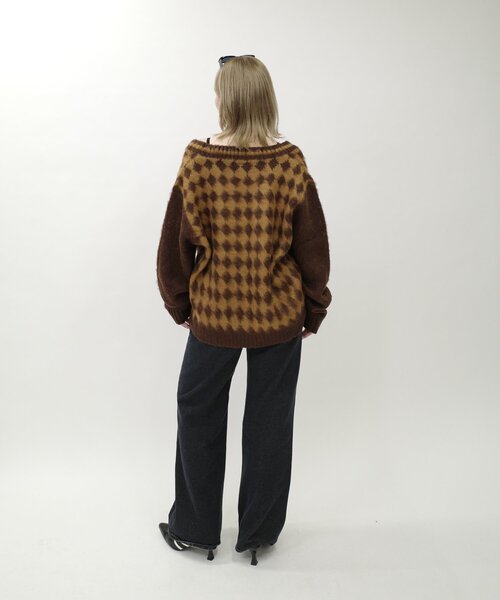 WHO'S WHO gallery（フーズフーギャラリー）の「【UNISEX】BLESSYOUダイヤ柄モヘアジップカーディガン（カーディガン/ボレロ・レディース・ブラウン/ブラック・MEDIUM）」の4枚目の写真