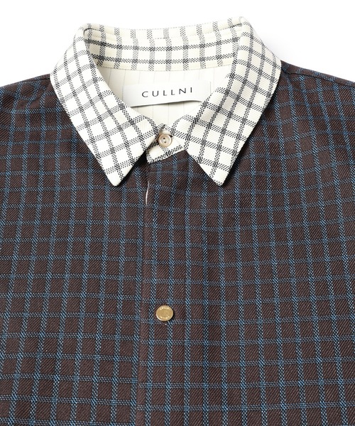 2色 半袖Tシャツ チェック Check collar layered style セール】Check Asymmetrical Stripe Short Sleeve Shirt（シャツ