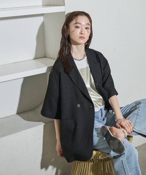 Shelly island（シェリーアイランド）の「バックスリット半袖テラードジャケット（テーラードジャケット・レディース・ブラック/ブラウン・FREE）」の10枚目の写真