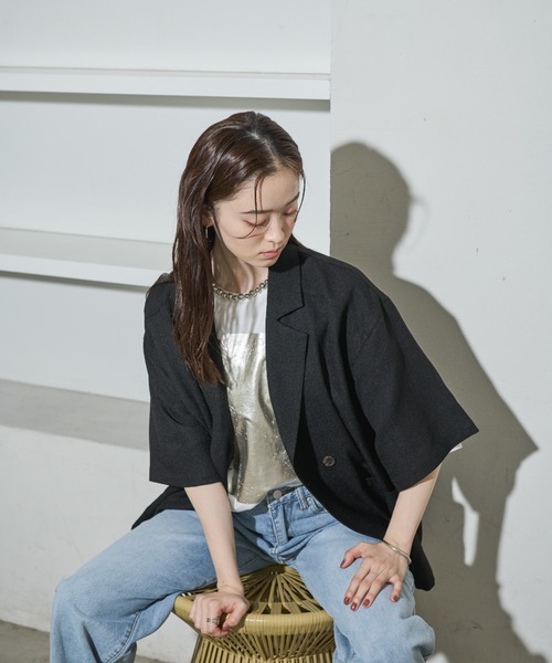 Shelly island（シェリーアイランド）の「バックスリット半袖テラードジャケット（テーラードジャケット・レディース・ブラック/ブラウン・FREE）」の11枚目の写真