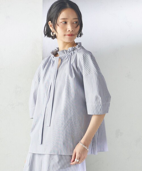 定価1.4万　SHIPS シップス 〈手洗い可能〉ストライプフリルネックブラウス セール】〈手洗い可能〉ストライプ フリル ネック リボン 半袖