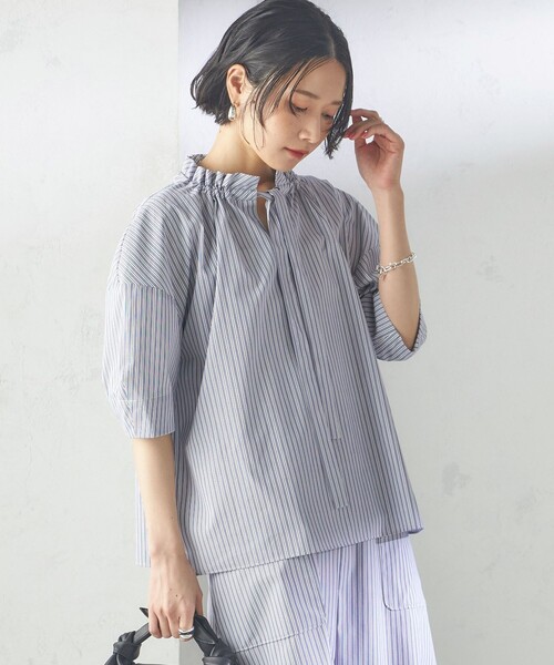 commdesgarcons girl リボン 半袖 ブラウス　水色 セール】〈手洗い可能〉ストライプ フリル ネック リボン 半袖