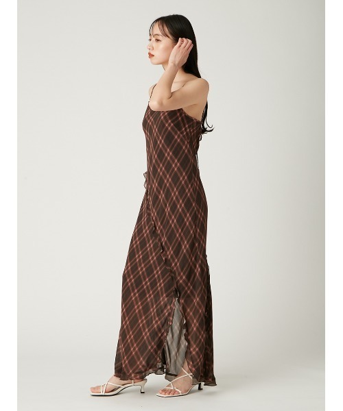 FRAY I.D レーヨンシフォンラッフルプリントキャミワンピ ブラウン 美品 FRAY I.D（フレイアイディー）の「レーヨンシフォンラッフル