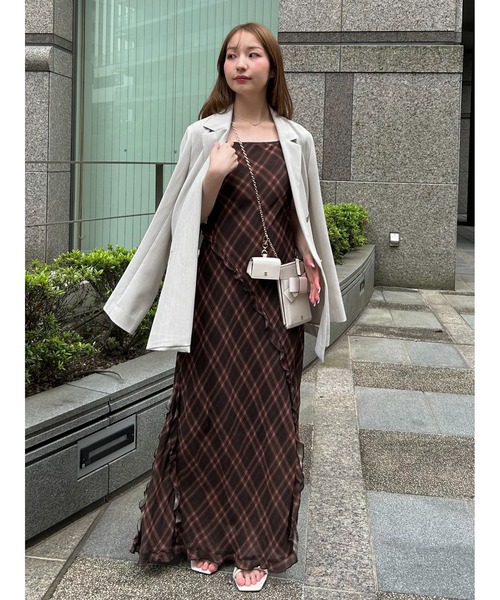 FRAY I.D レーヨンシフォンラッフルプリントキャミワンピ ブラウン 美品 フレイ アイディー FRAY I.D レーヨンシフォンラッフルプリント
