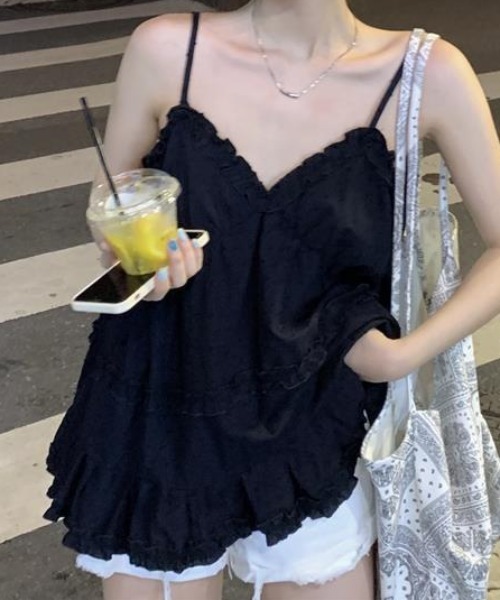 Mejoul（メジュール）の「フリルビスチェチュニック ドット柄 ティアード アウトキャミ ストラップ調整可能（キャミソール・レディース・ホワイト/ブラック・F）」の2枚目の写真