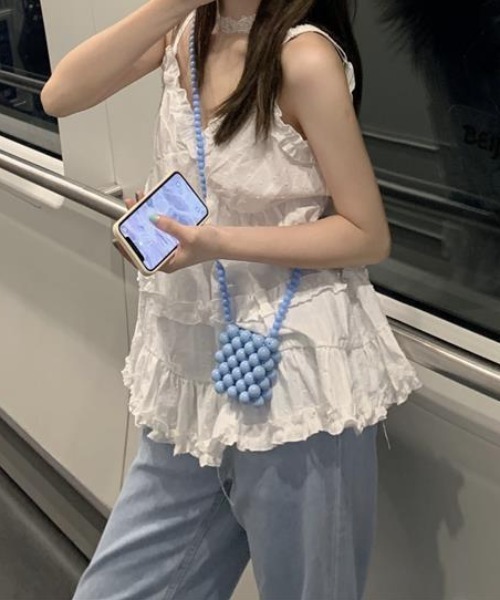 Mejoul（メジュール）の「フリルビスチェチュニック ドット柄 ティアード アウトキャミ ストラップ調整可能（キャミソール・レディース・ホワイト/ブラック・F）」の6枚目の写真