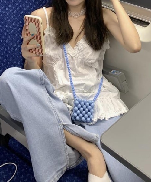 Mejoul（メジュール）の「フリルビスチェチュニック ドット柄 ティアード アウトキャミ ストラップ調整可能（キャミソール・レディース・ホワイト/ブラック・F）」の7枚目の写真