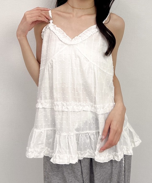 Mejoul（メジュール）の「フリルビスチェチュニック ドット柄 ティアード アウトキャミ ストラップ調整可能（キャミソール・レディース・ホワイト/ブラック・F）」の20枚目の写真