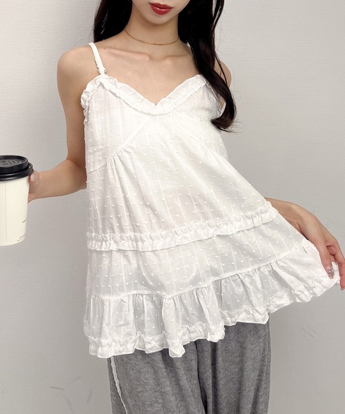 Mejoul（メジュール）の「フリルビスチェチュニック ドット柄 ティアード アウトキャミ ストラップ調整可能（キャミソール・レディース・ホワイト/ブラック・F）」の22枚目の写真