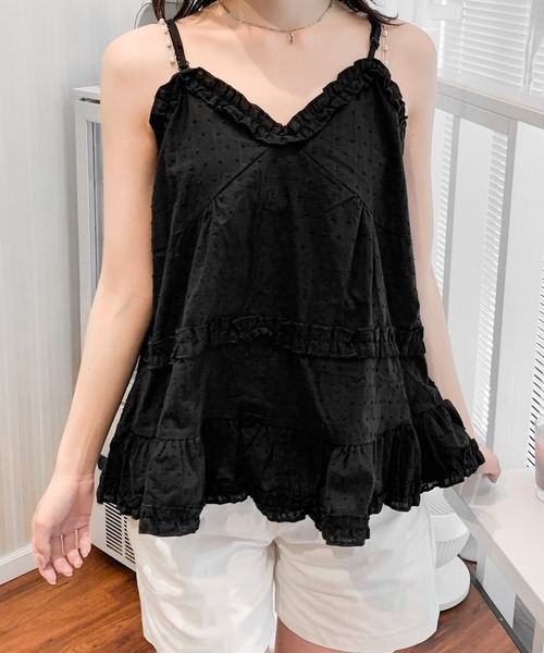 Mejoul（メジュール）の「フリルビスチェチュニック ドット柄 ティアード アウトキャミ ストラップ調整可能（キャミソール・レディース・ホワイト/ブラック・F）」の16枚目の写真