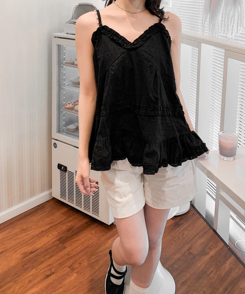 Mejoul（メジュール）の「フリルビスチェチュニック ドット柄 ティアード アウトキャミ ストラップ調整可能（キャミソール・レディース・ホワイト/ブラック・F）」の15枚目の写真