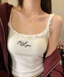 カップ付き レタリング フリルレース キャミ