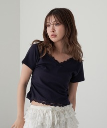 RAY CASSIN | レースVネックギャザーコンパクトT(Tシャツ/カットソー)