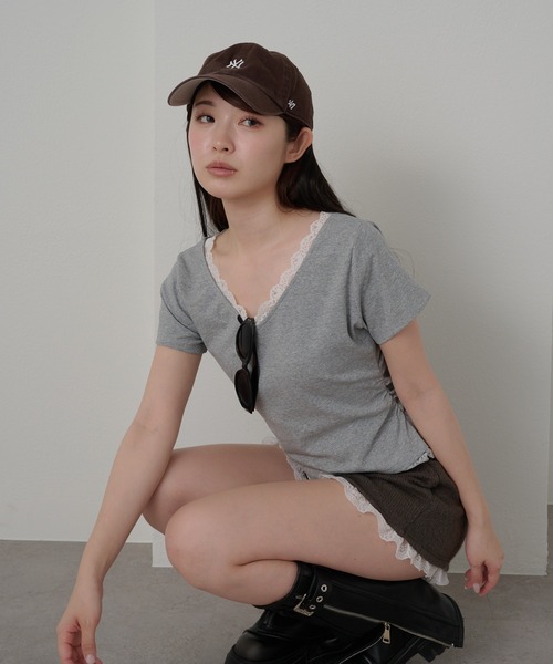 RAY CASSIN（レイカズン）の「レースVネックギャザーコンパクトT（Tシャツ/カットソー・レディース・ホワイト/ライトグレー/ピンク/ネイビー・FREE）」の13枚目の写真