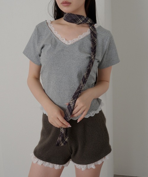 RAY CASSIN（レイカズン）の「レースVネックギャザーコンパクトT（Tシャツ/カットソー・レディース・ホワイト/ライトグレー/ピンク/ネイビー・FREE）」の14枚目の写真