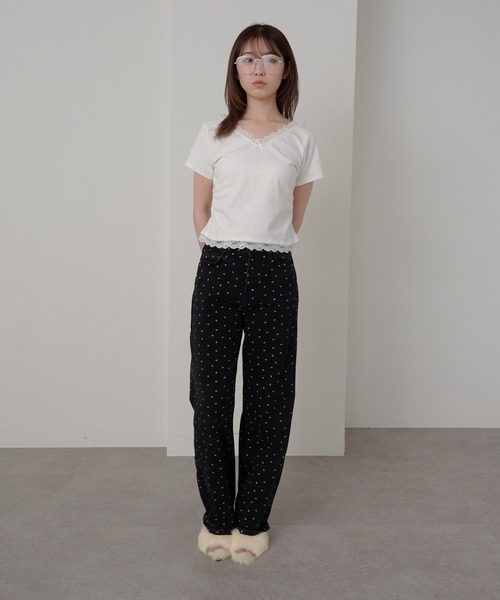 RAY CASSIN（レイカズン）の「レースVネックギャザーコンパクトT（Tシャツ/カットソー・レディース・ホワイト/ライトグレー/ピンク/ネイビー・FREE）」の8枚目の写真