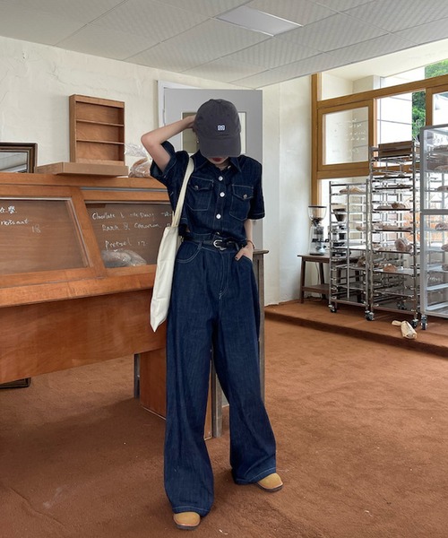 デニム半袖シャツとタックワイドデニムパンツセット