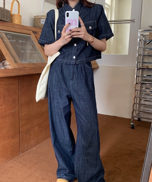 パーリーゲイツ♡セットアップ♡トップス♡デニムパンツ♡スマイル♡S セール】デニム半袖シャツとタックワイドデニムパンツセット