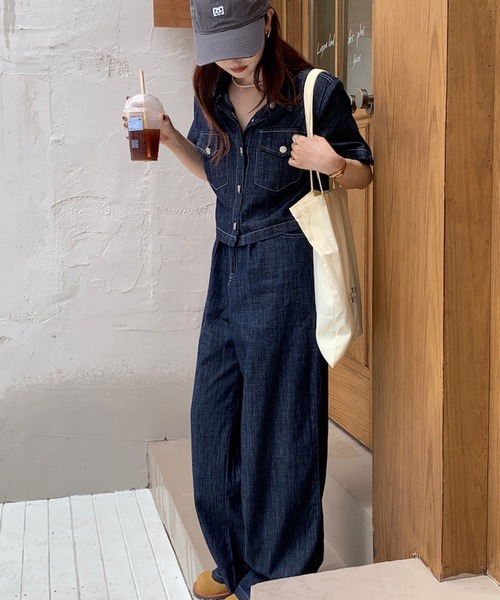 半袖シャツ／ワイドレッグパンツ デニムセットアップ r-1941 楽天市場】デニムセットアップ メンズ 夏 半袖シャツ ロング