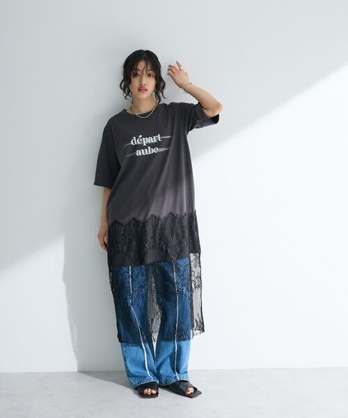 Green　Parks（グリーンパークス）の「裾レースドッキングカットロゴチュニック（チュニック・レディース・チャコールグレー/オフホワイト/カーキ・FREE）」の5枚目の写真