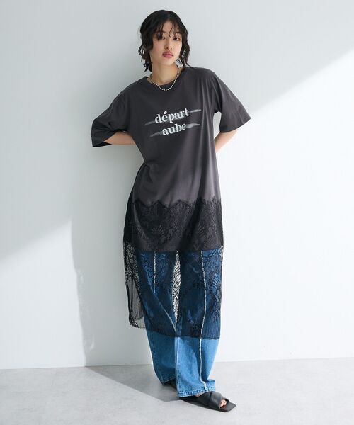 Green　Parks（グリーンパークス）の「裾レースドッキングカットロゴチュニック（チュニック・レディース・チャコールグレー/オフホワイト/カーキ・FREE）」の6枚目の写真