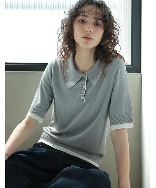 Re:EDIT（リエディ）の「[2025 SUMMER COLLECTION][涼感]配色レイヤード風ポロニットシャツ（ニット/セーター・レディース・ネイビー/グレー/ホワイト/ブラック・LARGE/MEDIUM）」の3枚目の写真
