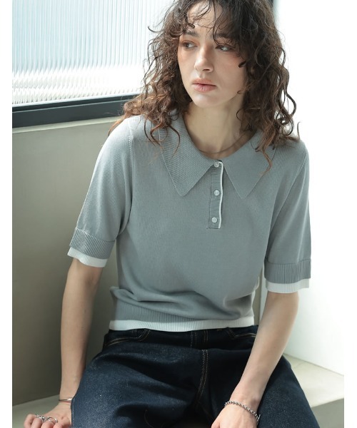 Re:EDIT（リエディ）の「[2025 SUMMER COLLECTION][涼感]配色レイヤード風ポロニットシャツ（ニット/セーター・レディース・ネイビー/グレー/ホワイト/ブラック・LARGE/MEDIUM）」の13枚目の写真