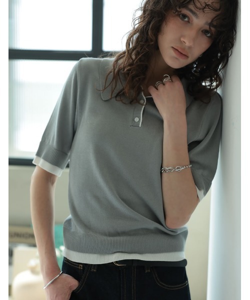 Re:EDIT（リエディ）の「[2025 SUMMER COLLECTION][涼感]配色レイヤード風ポロニットシャツ（ニット/セーター・レディース・ネイビー/グレー/ホワイト/ブラック・LARGE/MEDIUM）」の14枚目の写真