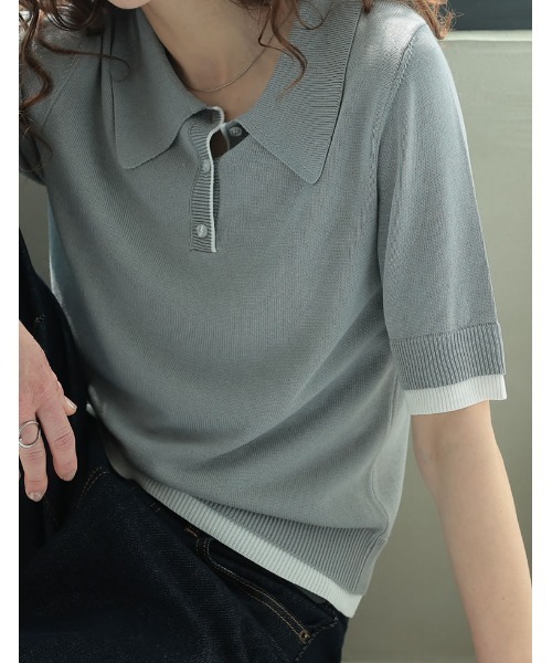 Re:EDIT（リエディ）の「[2025 SUMMER COLLECTION][涼感]配色レイヤード風ポロニットシャツ（ニット/セーター・レディース・ネイビー/グレー/ホワイト/ブラック・LARGE/MEDIUM）」の15枚目の写真