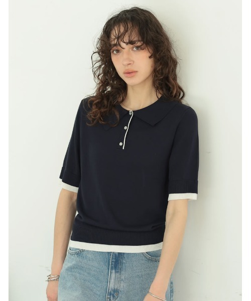 Re:EDIT（リエディ）の「[2025 SUMMER COLLECTION][涼感]配色レイヤード風ポロニットシャツ（ニット/セーター・レディース・ネイビー/グレー/ホワイト/ブラック・LARGE/MEDIUM）」の17枚目の写真