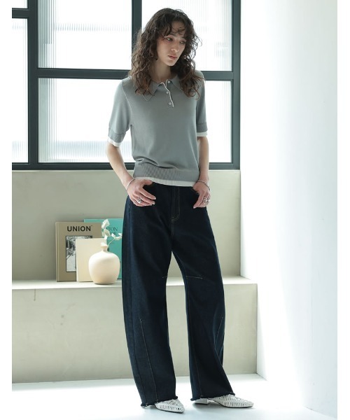 Re:EDIT（リエディ）の「[2025 SUMMER COLLECTION][涼感]配色レイヤード風ポロニットシャツ（ニット/セーター・レディース・ネイビー/グレー/ホワイト/ブラック・LARGE/MEDIUM）」の11枚目の写真