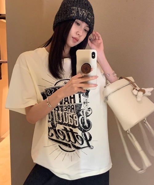 ロゴ グラフィック プリント 古着風 Tシャツ 韓国ファッション