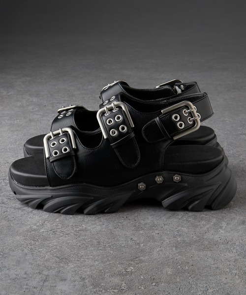 VELNUS(ベルナス)の「【VELNUS】 Double Eyelet Design High Sole Sandals/ダブルハトメデザイン ハイソールサンダル(サンダル・メンズ・ブラック・44/42/40)」の1枚目の写真