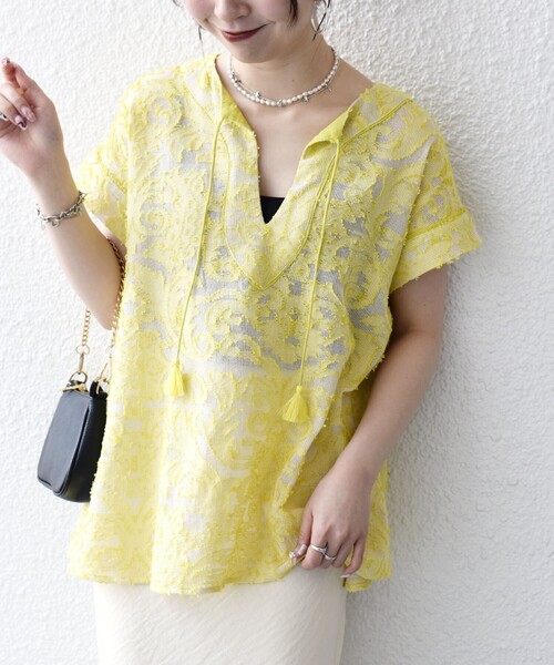 SHIPS any　メッシュ ジャカード カフタン スキッパー ブラウス SHIPS any:〈手洗い可能〉メッシュ ジャカード カフタン スキッパー