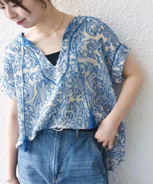 SHIPS any:〈手洗い可能〉メッシュ ジャカード カフタン スキッパー